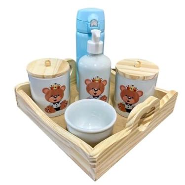 Imagem de Kit Higiene Bebê Porcelana Ursinho Príncipe - Garrafa Térmica Azul/Bandeja Coração
