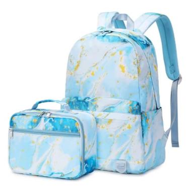 Imagem de Mochila escolar com saco de almoço para meninas adolescentes Mochila escolar de bolso segurando o Mochila para estudantes Mochila feminina Sacos de livros (Azul)