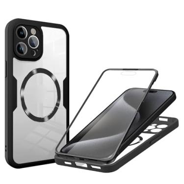 Imagem de POYUFRG Capa magnética para iPhone 15 Pro Max/15 Pro/15 Plus/15, protetor de tela integrado, capa de telefone transparente frente e verso, preta, 15 Pro Max de 6,7 polegadas