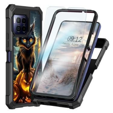 Imagem de Qindaiwen Capa T-Mobile Revvl 7 Pro 5G com película de vidro temperado, resistente à prova de choque, estrutura de camada dupla, capa protetora de silicone TPU para Revvl 7 Pro 5G, gato preto