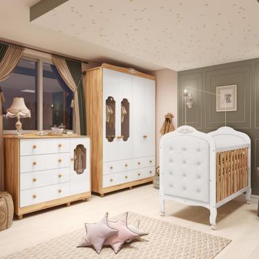 Imagem de Quarto de Bebê Completo com Berço Mini Cama com capitonê Guarda Roupa e Cômoda 100 MDF Elô New Noah Móveis Peroba - Branco Brilho/Amendoa