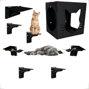 Imagem de Brinquedo Playground Para Gatos 7 Pçs Em Carpete e Mdf Pintado Preto Fixo de Parede