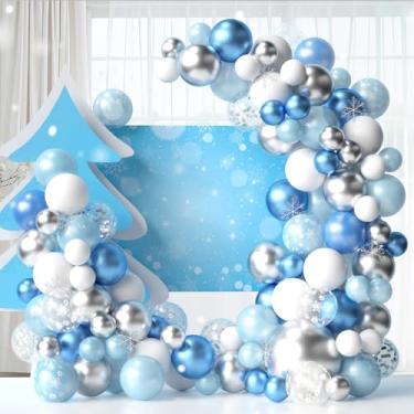 Imagem de Winter Balloons Garland with Blue Ice Backdrop&Snowflakes, Snow Wonderland 12 5 Inch Latex Metallic Blue White Silver Snowflake Balloon Arch Kit for Christmas Frozen Birthday Baby Shower Decor