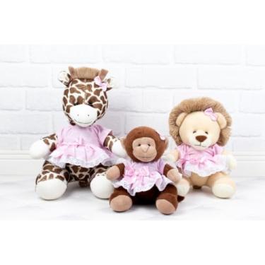 Imagem de Pelúcias de Animais Safari, Girafa, Leão e Macaco, Conjunto de 3, com Vestidos/Para Nichos (ROSA)