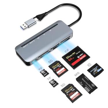Imagem de Leitor de cartão de memória USB 3.0 7 em 2, adaptador de conector duplo para leitor de cartão SD (USB e USB C), hub multiportas para 5 portas de leitura semelhante, suporta cartões SD TF Micro SD CF