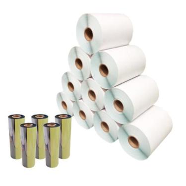 Imagem de Kit 10 Rolos Etiqueta Couche 50X30 X2 Colunas + 5 Ribbons - Etiquetou