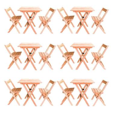 Imagem de Kit 6 Conjuntos Mesa Dobrável Para Bar E Restaurante 60x60cm Com 2 Cadeiras Em Madeira Maciça - Cru - Bege