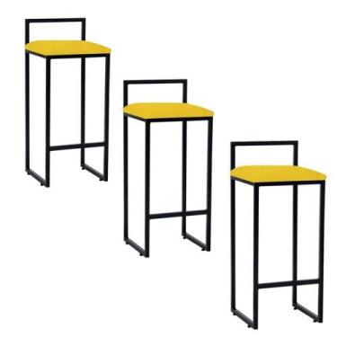 Imagem de Kit 03 Banqueta Alta Industrial 0,83 cm Metal Preto Suede Amarelo - Va