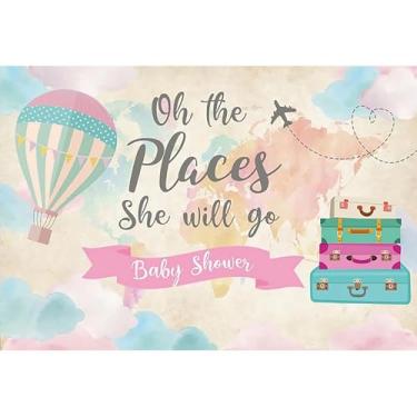 Imagem de Baocicco 2,1 x 1,5 m Oh The Places She Will Go pano de fundo de chá de bebê avião mapa do mundo mala balão de ar quente faixa rosa fundo fotografia viagem menina chá de bebê decoração foto banner