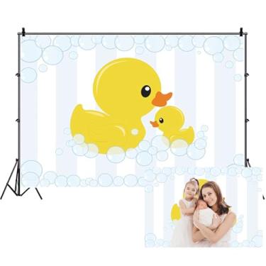 Imagem de Renaiss Pano de fundo de pato amarelo, 1,8 x 1,2 m, brinquedos de pato de borracha, cor clara, listras, fundo fotográfico, para crianças, pato, chá de bebê, bolo, banner, sessão de fotos, pano de