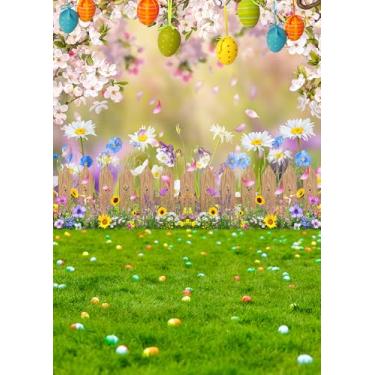 Imagem de CYLYH 1,8 x 2,4 m Pano de fundo de páscoa feliz primavera Páscoa jardim fotografia cerca cerca de fundo de ovos coloridos faixa infantil festa de Páscoa D890