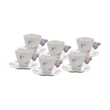 Imagem de WOLFF - Conjunto 6 Xícaras de Chá de Porcelana com Pires Borboletas Branco 200ml