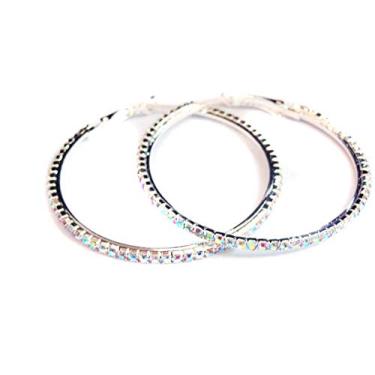 Imagem de Brincos de strass iridescentes de cristal 5 cm, argola, prata, ródio, argolas finas, Cristal Strass