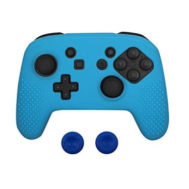 Imagem de Capa protetora de silicone macio 3 em 1 para controle Nintendo Switch Pro Capa protetora de borracha com 2 tampas de polegar (azul)