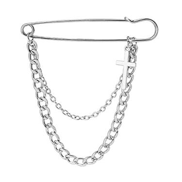 Imagem de 1 broche de segurança prata para pendurar correntes de broche cruzado para mulheres - Broche de corrente longa punk para suéter, clipes de xaile falsos, Metal, Sem Pedra Preciosa