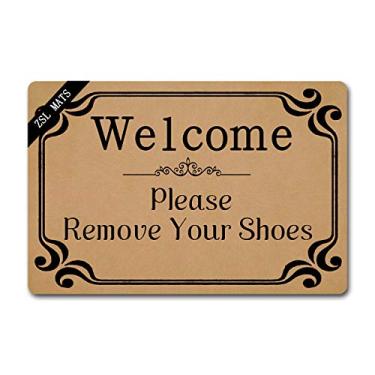 Imagem de Tapete de porta ZSL divertido para ambientes internos, tapete de porta frontal para boas-vindas com design personalizado, forma de entrada antiderrapante, tapetes de cozinha e tapetes de borracha durável (60 x 40 cm), Welcome Please Remove Your Shoes