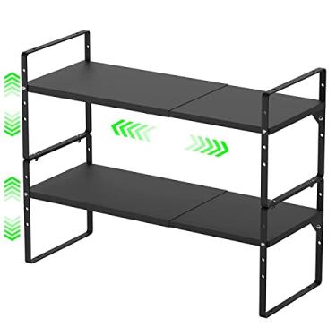 Imagem de LOCVCDA Prateleira expansível para armário de cozinha, organizador empilhável de prateleiras de armazenamento de despensa de metal, suporte de especiarias com altura ajustável para armário de cozinha,