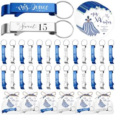 Imagem de Dandat Conjunto de 25 lembrancinhas de festa de quinze anos para convidados 15 anos de idade abridor de garrafas chaveiro sacos de organza cartões de agradecimento, Azul, prata, tamanho �nico