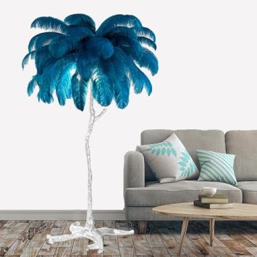 Imagem de Lâmpada de pé moderna, luz de proteção ocular regulável com abajur de penas, corpo e pedal prateados de resina, lâmpada de leitura de penas de chão