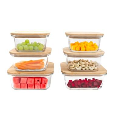 Imagem de kit 6 potes de vidro com tampa em bambu hermético marmita quadrados - Tud