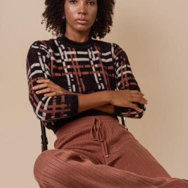 Imagem de Blusa Cropped  Xadrez Tricot Feminina - Michele Tricot, G, Preto