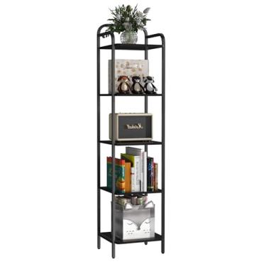 Imagem de ZERDER Prateleira de livros, estante de 5 camadas, estante com 5 prateleiras, organizador de armazenamento, prateleira de armazenamento de madeira de canto com moldura de metal para quarto, sala de