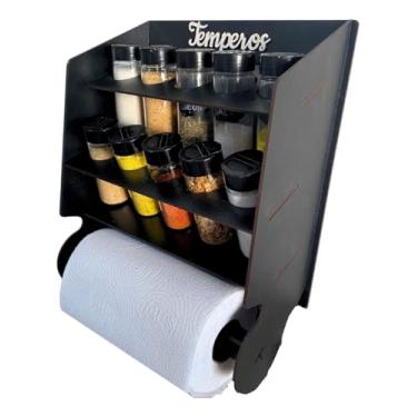 Imagem de Organizador Porta Temperos Condimentos Luxo Premium 10 Potes De Tempero e Etiquetas Com Suporte Para Papel Toalha (Preto)
