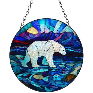 Imagem de Captador de sol de vidro manchado Urso polar e rio feito à mão para pendurar janelas de vidro colorido kits de artesanato para decoração de Natal de jardim interno 16 x 16 cm-2
