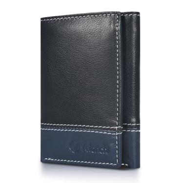 Imagem de Carteira masculina de couro genuíno com bloqueio de RFID e três compartimentos finos com 6 cartões + 1 compartimento para identidade + 2 notas., Blk/Blue Nappa, Small