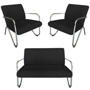 Imagem de Kit Namoradeira + 2 Poltronas Decorativa Bela Suede Preto Braço Cromad