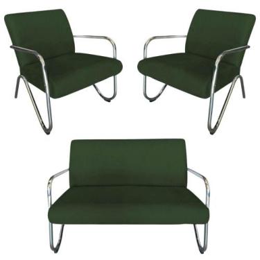 Imagem de Kit Namoradeira + 2 Poltronas Decorativa Bela Suede Verde Braço Cromad