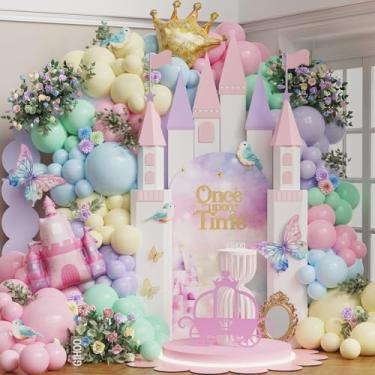 Imagem de Decoração de festa de aniversário de princesa, 150 peças, kit de guirlanda de arco de balão macaron pastel com coroa e balão de alumínio de castelo para decorações de festa de aniversário com tema de