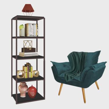 Imagem de Kit Poltrona Fatte com Manta Soft Verde e Estante Livreiro Ferro Marrom mdf Preto Suede Azul Turquesa - Ahazzo Móveis