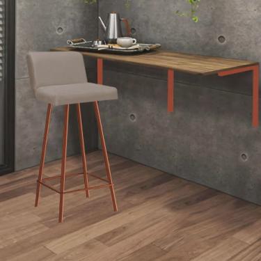Imagem de Kit Mesa Suspensa de Parede Fixa mdf Rústico + 1 Banqueta Lexi Ferro Bronze Suede Bege...