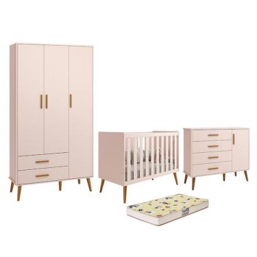 Imagem de Dormitório Infantil Isis Guarda Roupa 3 Portas, Cômoda 1 Porta e Berço com Colchão D18 - Reller Móveis Rosa