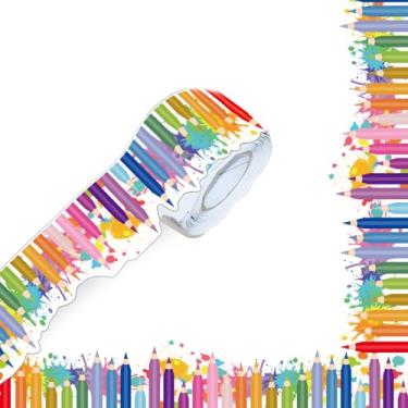 Imagem de Emopeak Bordas de quadro de avisos de 1,8 m, bordas decorativas autoadesivas coloridas cortadas enroladas para escola, paredes de escritórios, mesas, janelas, portas, sala de aula (lápis arco-íris)