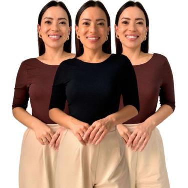 Imagem de Kit 3 Blusas Feminina Manga 3/4 com Abertura nas Costas - Maranne, Kit