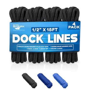 Imagem de SandShark Premium 4,6 m 1/5.1 cm Dock Lines Pacote com 4, Corda de Barco de Nylon Trançado Duplo de Qualidade, Laço de Ilhós de 30 cm, Cordas de Amarração de Barco para Ancoragem. Acessórios para
