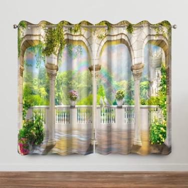 Imagem de Cortinas vintage para janela de jardim, castelo de conto de fadas, varanda e pilares de pedra do país das maravilhas mágico, cortinas de tratamento de janela para crianças, meninas, quarto, sala de