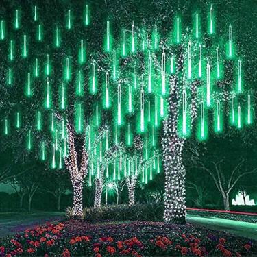 Imagem de Luzes de chuva, luzes de chuva em cascata, 30 cm 8 tubos à prova d'água luzes de gota de chuva decorativas de jardim para festa casamento ao ar livre árvore de Natal decorativa (verde)