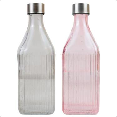 Imagem de Kit 2 Garrafas Quadrada De Vidro Canelado com Tampa 1l Colorida para Geladeira (Preta e Rosa)
