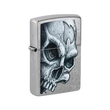Imagem de Zippo Isqueiro de bolso cromado com design de caveira e chama