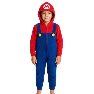 Imagem de Pijama Macacão Infantil Mario Fantasia Azul Soft Fleece Game