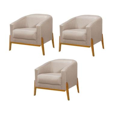Imagem de Kit 3 Poltronas Living Base Em Madeira Maciça Flórida Linho Bege - Bege