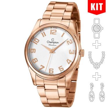 Imagem de Relógio Champion Kit Feminino Rosê Analógico Cn29885e