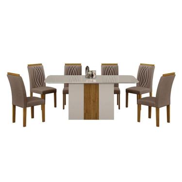 Imagem de Mesa de Jantar Doha 160x80 Off White Freijó Decor Off com 6 Cadeiras Freijó Joli Camurça - Leifer Móveis