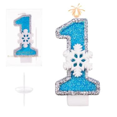 Imagem de AKURIEEY 1ª Velas azuis de floco de neve de aniversário com tema de congelamento número 1 para enfeite de bolo, decorações de cupcake, decoração de festa, aniversário, celebrações, suprimentos