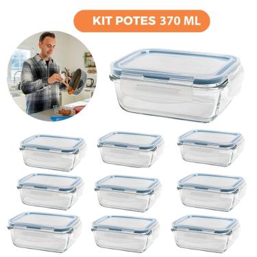 Imagem de Kit 10 Potes de Vidro Herméticos Retangulares 370ml