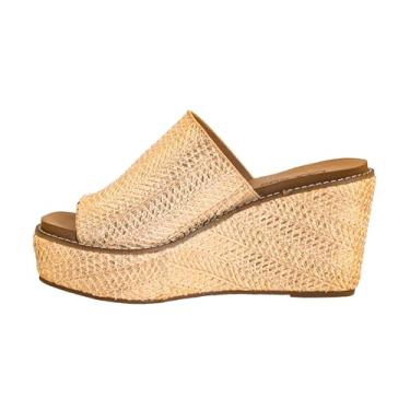 Imagem de Corkys Footwear Cunha feminina Mugshot – com salto de 8,5 cm, alça larga e palmilhas de EVA macias exclusivas da Corkys – Conforto e suporte para uso o dia todo, Ráfia de lavagem dourada, 41