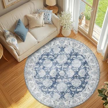 Imagem de jinchan Tapete redondo de 1,8 m - Tapete de chão vintage azul escuro para cozinha, estampa floral ultramacia ultrafina - Círculo lavável 1,8 m com detalhe retrô para fazenda, sala de jantar, sala de
